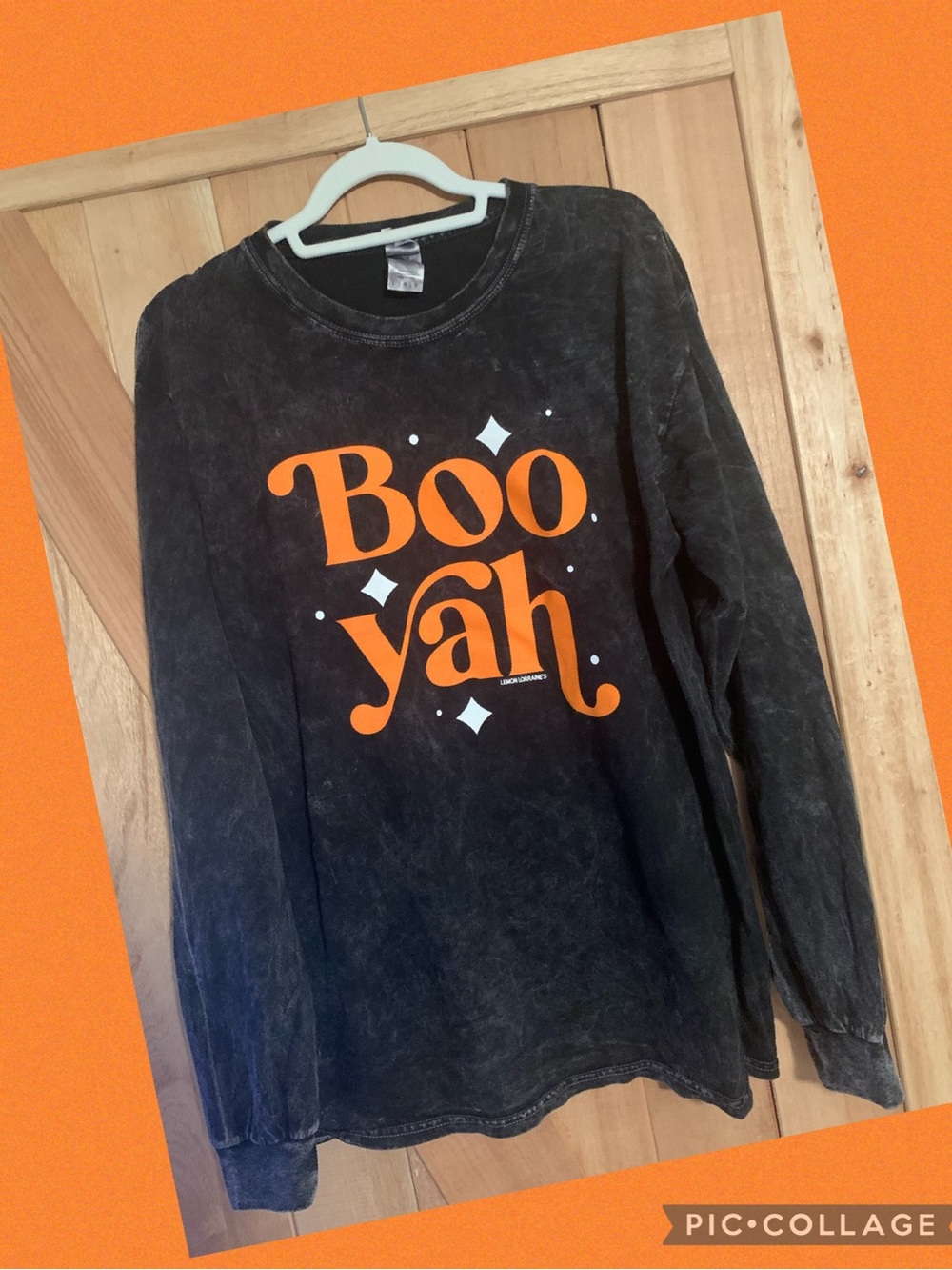 Black Long-Sleeve Tee with Orange "Boo yah" Graphic-New- Scary Fun!